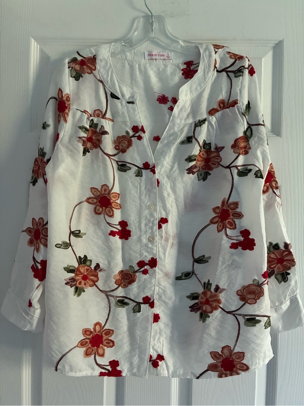 Embroidered Floral Button-Down Shirt - White with Red & Rust Flowers